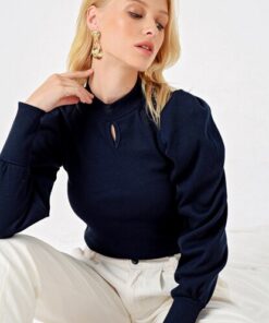 Trend Alaçatı Stili Kadın Lacivert Damla Yakalı Bluz ALC-X3063-MDS